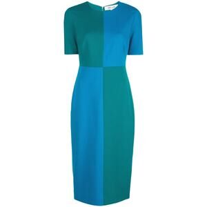 DIANE VON FURSTENBERG Davis Fitted Midi Dress Blue Green Sheath Short Sl…